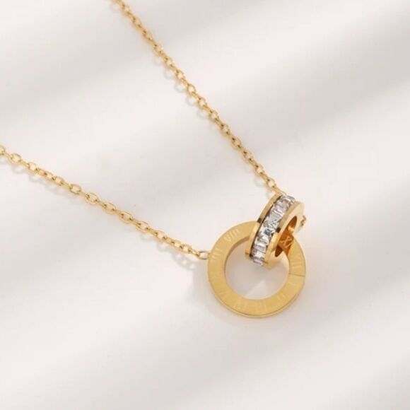 Gold Plated Cubic Zirconia Roman Numeral Round Pendant Necklace Earr… - Picture 2 of 7